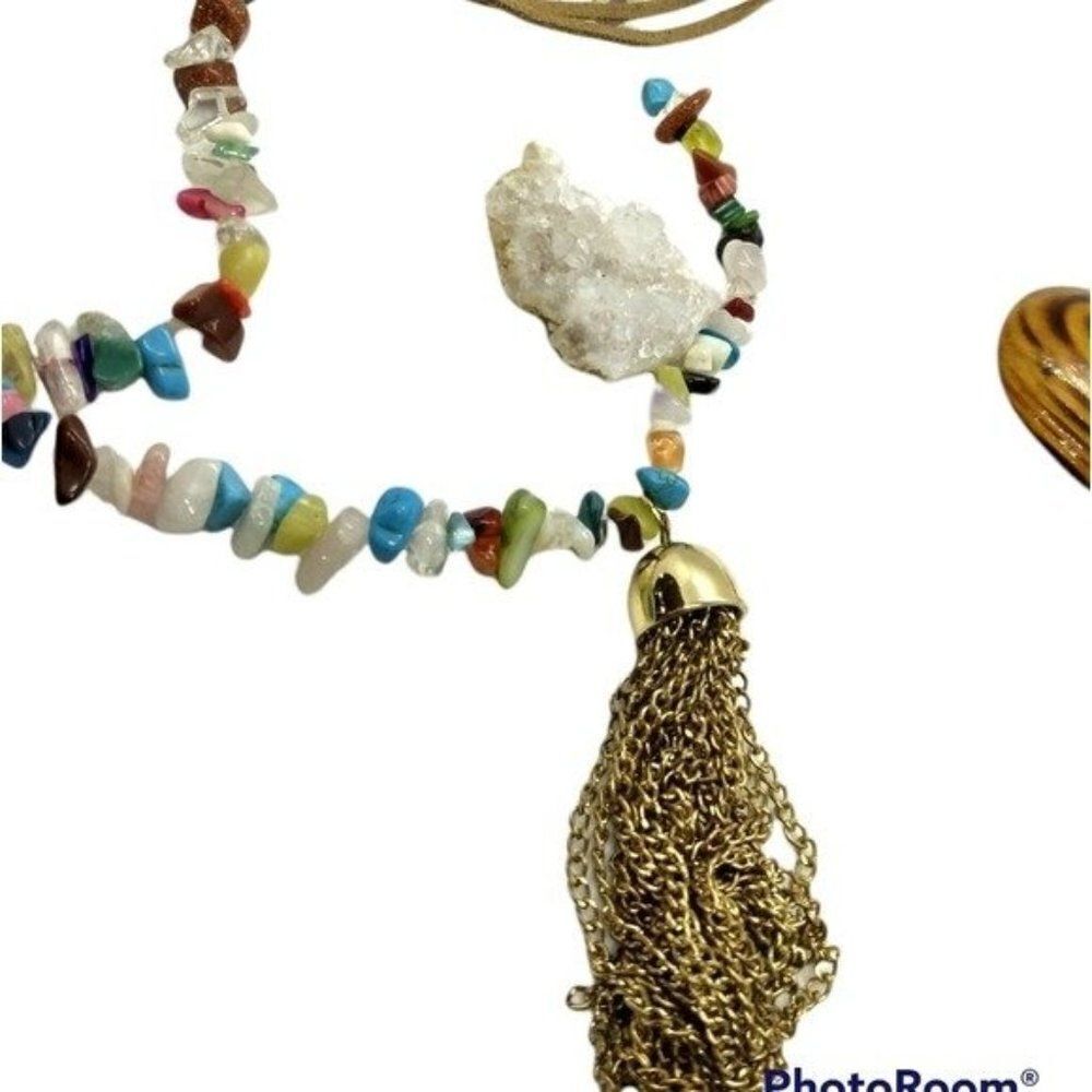 Native American raw chip gemstone chunks necklace tassel attire‎